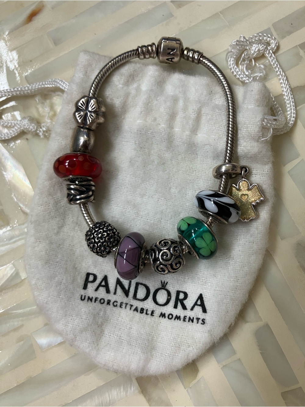 Pandora 925 Sterling Silver ALE 10 Charm Bracelet with Murano GLASS BEADS